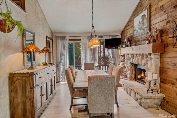 Dining room, Fireplace, Interior, Pendant Lights, Wood Texture Flooring, Wooden Walls