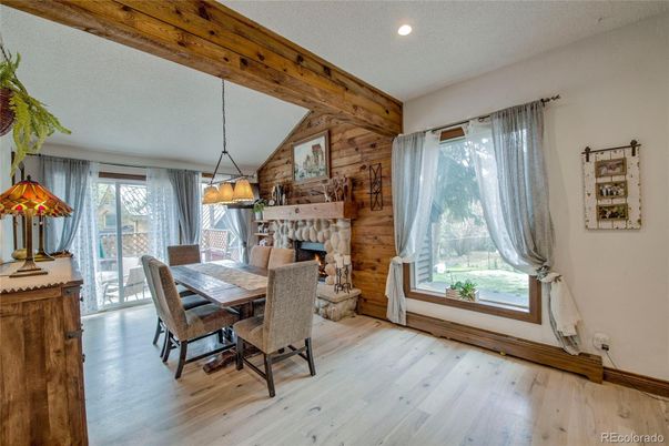 Dining room, Fireplace, Interior, Pendant Lights, Recessed Lighting, Wood Texture Flooring, Wooden Walls