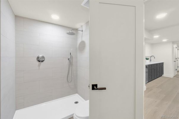 Bathroom, Interior, Recessed Lighting, Wood Texture Flooring
