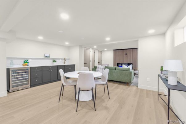 Dining room, Interior, Living room, Recessed Lighting, Wood Texture Flooring