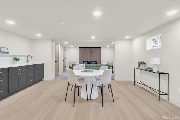 Dining room, Interior, Recessed Lighting, Wood Texture Flooring