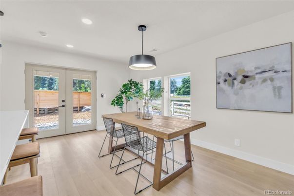 Dining room, Interior, Pendant Lights, Recessed Lighting, Wood Texture Flooring