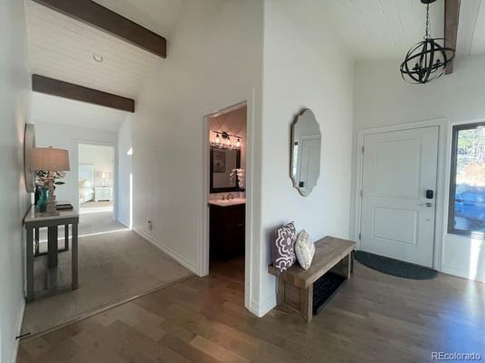 Bathroom, Interior, Pendant Lights, Wooden Beams, Wood Texture Flooring