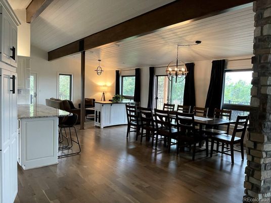 Chandelier, Dining room, Interior, Pendant Lights, Wooden Beams, Wood Texture Flooring
