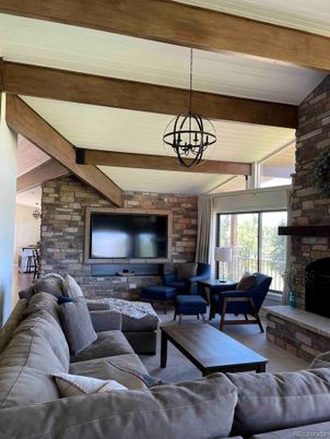 Fireplace, Interior, Living room, Pendant Lights, Stone Walls, Wooden Beams