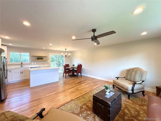 Dining room, Interior, Kitchen, Living room, Pendant Lights, Recessed Lighting, Wood Texture Flooring