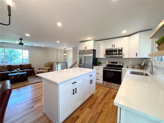 Interior, Kitchen, Living room, Pendant Lights, Recessed Lighting, Stainless Steel Appliances, Wood Texture Flooring