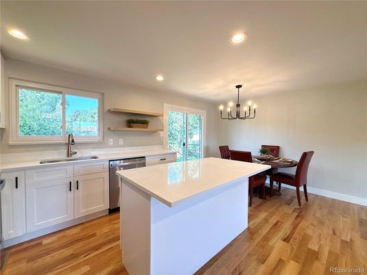 Chandelier, Dining room, Interior, Kitchen, Recessed Lighting, Wood Texture Flooring