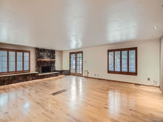 Empty room, Fireplace, Interior, Recessed Lighting, Wood Texture Flooring