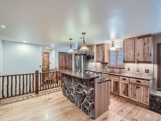 Interior, Kitchen, Pendant Lights, Recessed Lighting, Stainless Steel Appliances, Wood Texture Flooring