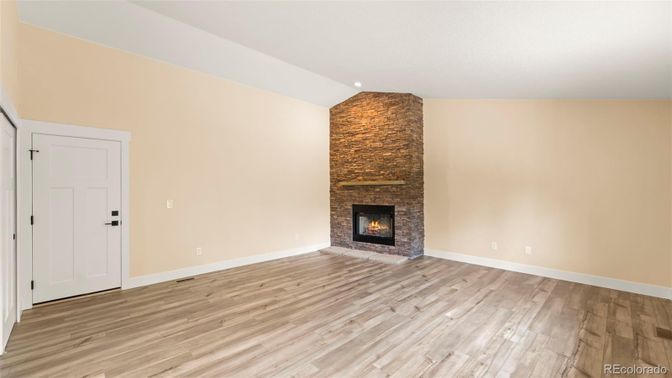 Empty room, Fireplace, Interior, Recessed Lighting, Wood Texture Flooring