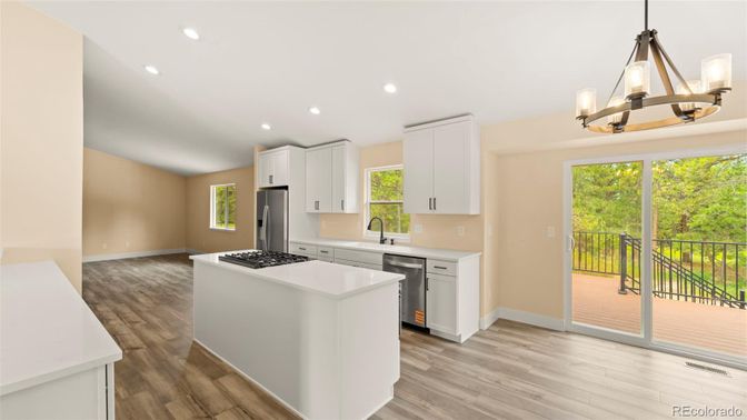 Interior, Kitchen, Pendant Lights, Recessed Lighting, Wood Texture Flooring