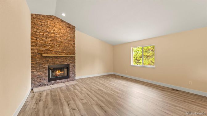 Empty room, Fireplace, Interior, Recessed Lighting, Wood Texture Flooring