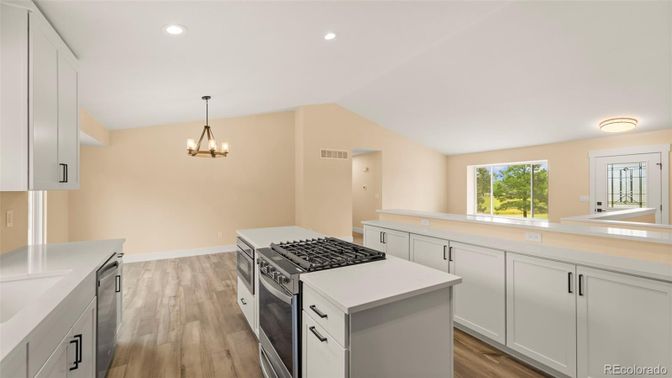 Chandelier, Interior, Kitchen, Pendant Lights, Recessed Lighting, Wood Texture Flooring