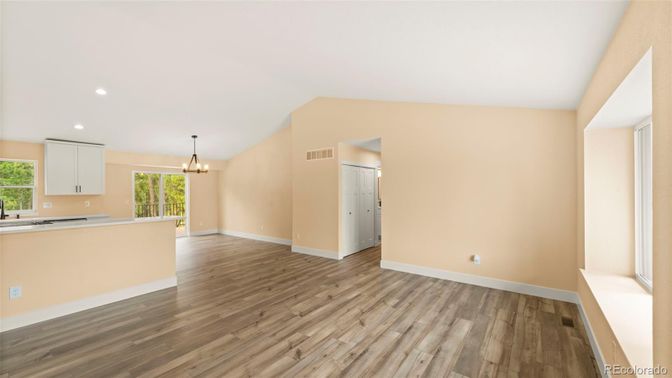 Chandelier, Empty room, Interior, Kitchen, Pendant Lights, Recessed Lighting, Wood Texture Flooring