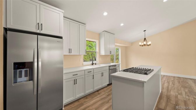 Chandelier, Interior, Kitchen, Pendant Lights, Recessed Lighting, Wood Texture Flooring