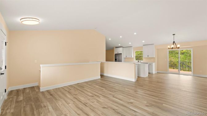 Chandelier, Interior, Kitchen, Pendant Lights, Recessed Lighting, Wood Texture Flooring