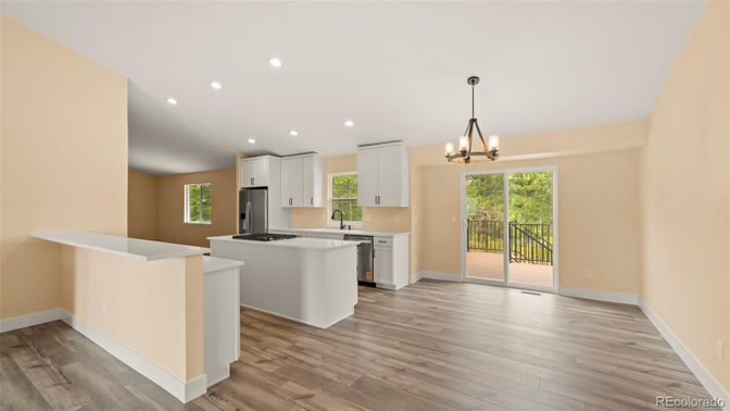 Chandelier, Interior, Kitchen, Pendant Lights, Recessed Lighting, Wood Texture Flooring
