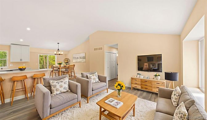 Dining room, Interior, Living room, Pendant Lights, Recessed Lighting, Wood Texture Flooring