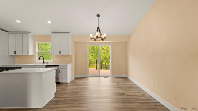 Chandelier, Interior, Kitchen, Recessed Lighting, Wood Texture Flooring