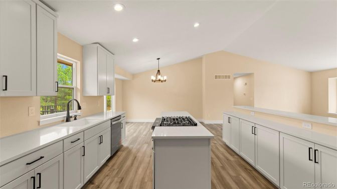 Chandelier, Interior, Kitchen, Recessed Lighting, Wood Texture Flooring