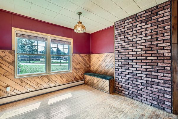 Empty room, Fireplace, Interior, Pendant Lights, Wood Texture Flooring, Wooden Walls