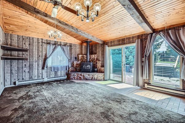Chandelier, Empty room, Fireplace, Interior, Wooden Beams, Wooden Ceilings, Wooden Walls