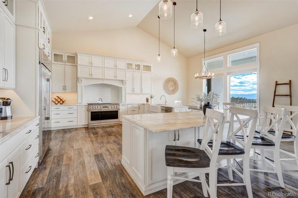 Interior, Kitchen, Pendant Lights, Recessed Lighting, Stainless Steel Appliances, Water, Wood Texture Flooring