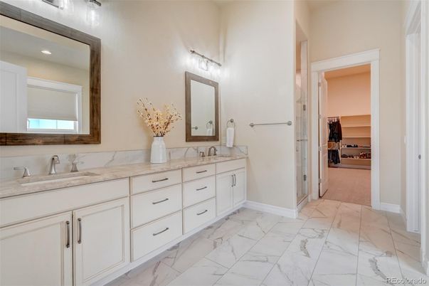 Bathroom, Dual Sink Vanities, Interior, Marble, Recessed Lighting