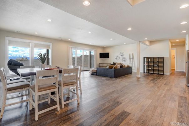 Dining room, Interior, Living room, Recessed Lighting, Wood Texture Flooring