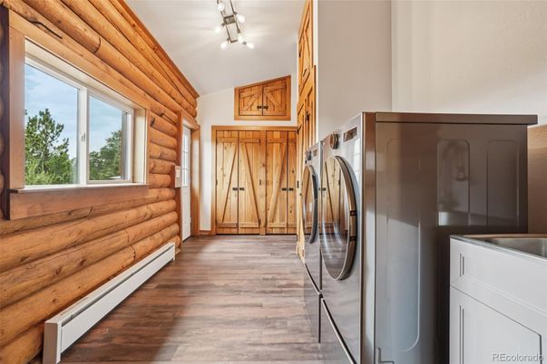 Interior, Washer, Wood Texture Flooring, Wooden Walls