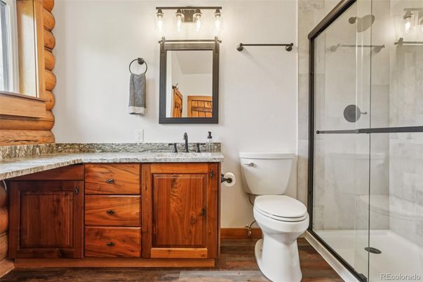 Bathroom, Glass Shower, Interior, Wood Texture Flooring