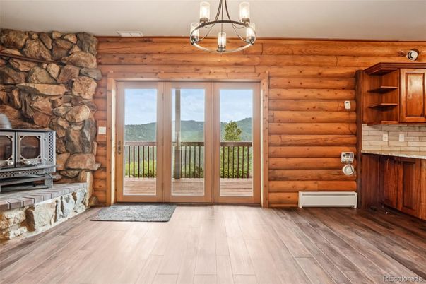 Fireplace, Interior, Pendant Lights, Wood Texture Flooring, Wooden Walls