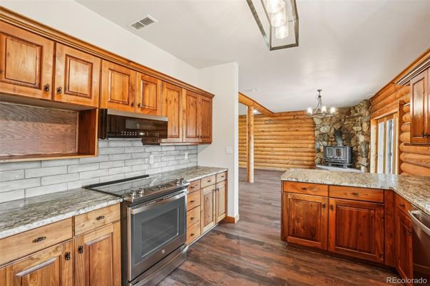 Chandelier, Interior, Kitchen, Stone Walls, Wood Texture Flooring