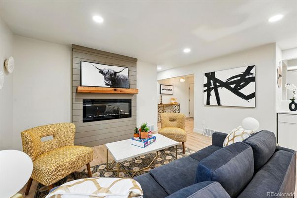 Fireplace, Interior, Living room, Recessed Lighting, Wood Texture Flooring