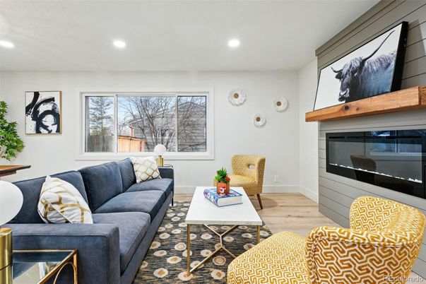 Fireplace, Interior, Living room, Recessed Lighting, Wood Texture Flooring