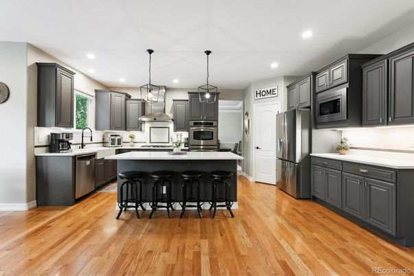 Interior, Kitchen, Pendant Lights, Recessed Lighting, Stainless Steel Appliances, Wood Texture Flooring
