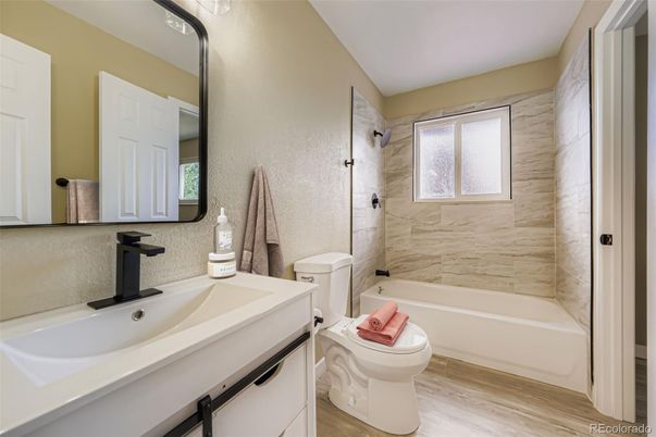 Bathroom, Interior, Marble Walls, Wood Texture Flooring