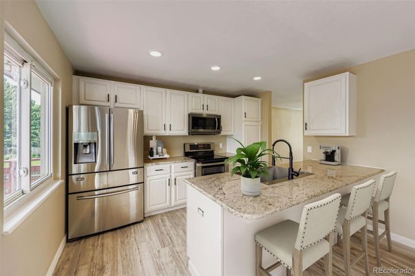 Interior, Kitchen, Recessed Lighting, Stainless Steel Appliances, Wood Texture Flooring