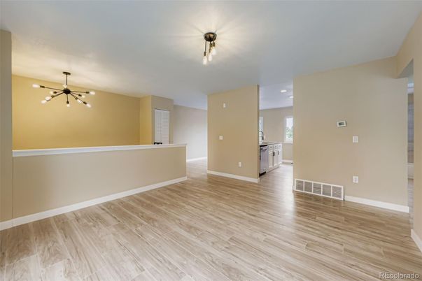 Empty room, Interior, Pendant Lights, Recessed Lighting, Wood Texture Flooring
