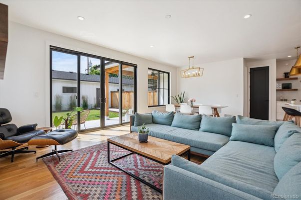 Dining room, Interior, Living room, Pendant Lights, Recessed Lighting, Wood Texture Flooring