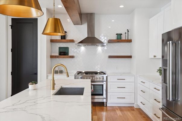 Interior, Kitchen, Pendant Lights, Recessed Lighting, Stainless Steel Appliances, Wood Texture Flooring