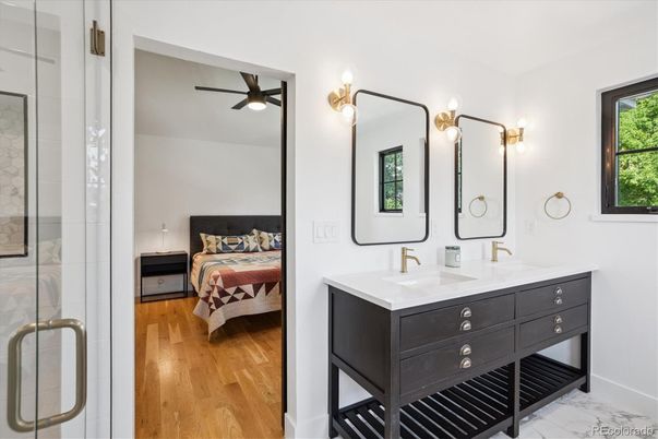Bathroom, Bedroom, Dual Sink Vanities, Glass Shower, Interior, Marble, Wood Texture Flooring