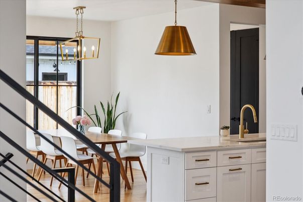 Dining room, Interior, Kitchen, Pendant Lights, Wood Texture Flooring