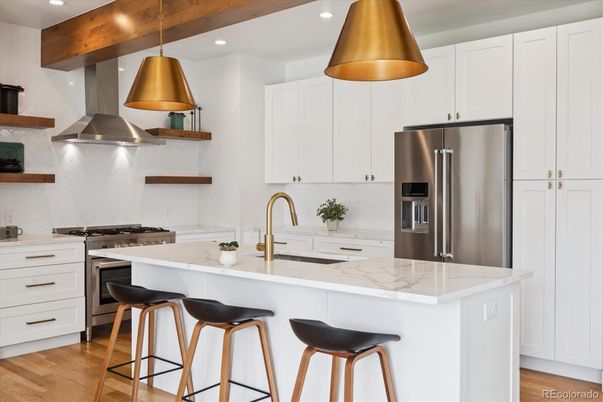 Interior, Kitchen, Pendant Lights, Recessed Lighting, Stainless Steel Appliances, Wooden Beams, Wood Texture Flooring