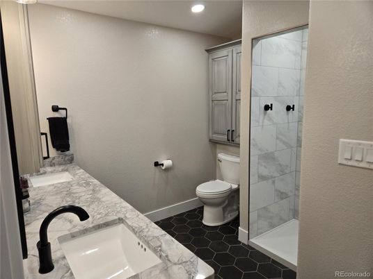 Bathroom, Glass Shower, Interior, Marble, Marble Walls, Recessed Lighting