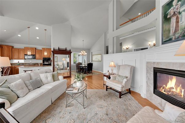 Chandelier, Dining room, Fireplace, Interior, Kitchen, Living room, Pendant Lights, Recessed Lighting, Wood Texture Flooring