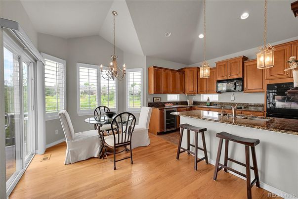 Chandelier, Dining room, Interior, Kitchen, Pendant Lights, Recessed Lighting, Wood Texture Flooring