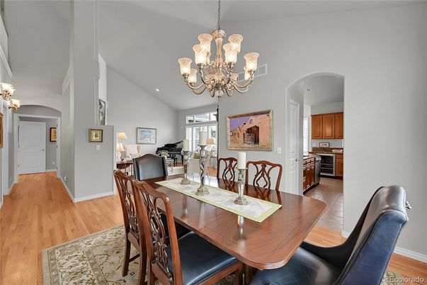 Chandelier, Dining room, Interior, Kitchen, Recessed Lighting, Wood Texture Flooring
