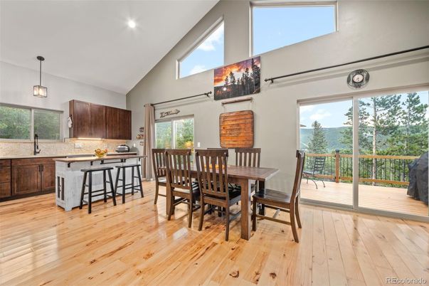 Dining room, Interior, Kitchen, Pendant Lights, Recessed Lighting, Wood Texture Flooring